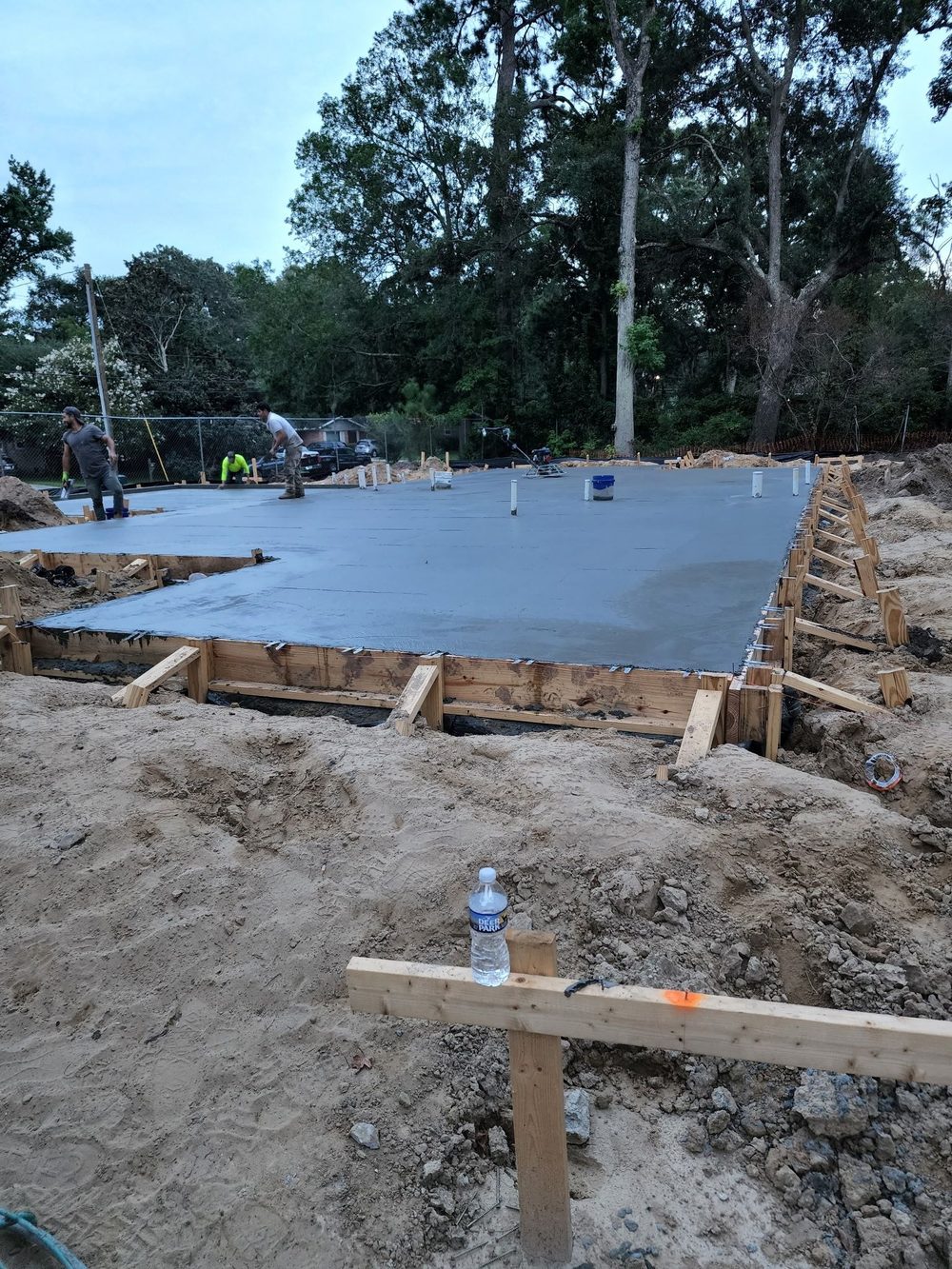 Forms and steel reinforcement set before a residential concrete pour