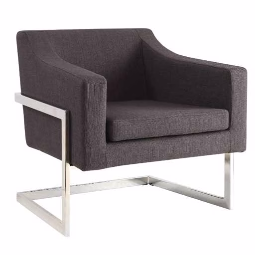 Grey linen accent chair with chrome-finished base and legs