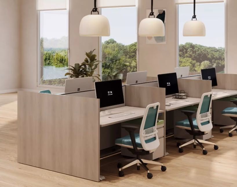 Benching workstations with teal task chairs